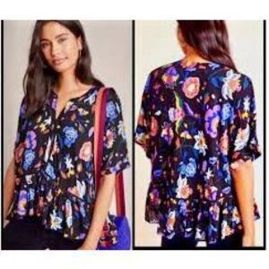Anthropologie Josie Floral Button Front Lace Dolman-Sleeved Top Multicolor Large